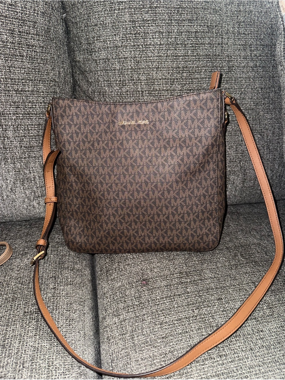 Michael Kors Brown Logo Crossbody with Tan Strap